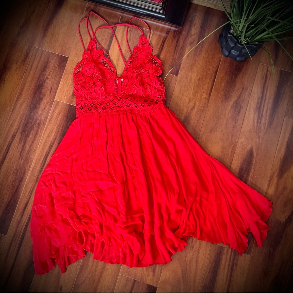 Southern Fried Chics Flirty Flare Lace Cutout Strappy Elegant Vibrant Red Dress - Picture 7 of 10